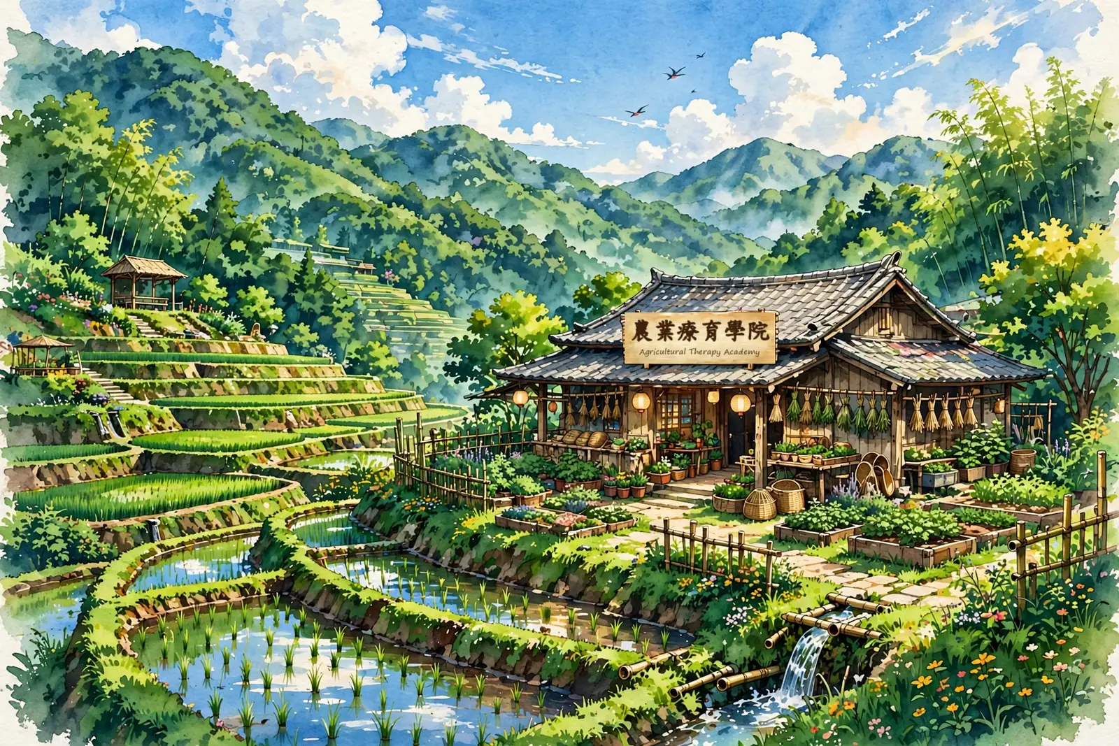 水彩插畫：梯田與山林間的農舍，木牌寫著農業療育學院